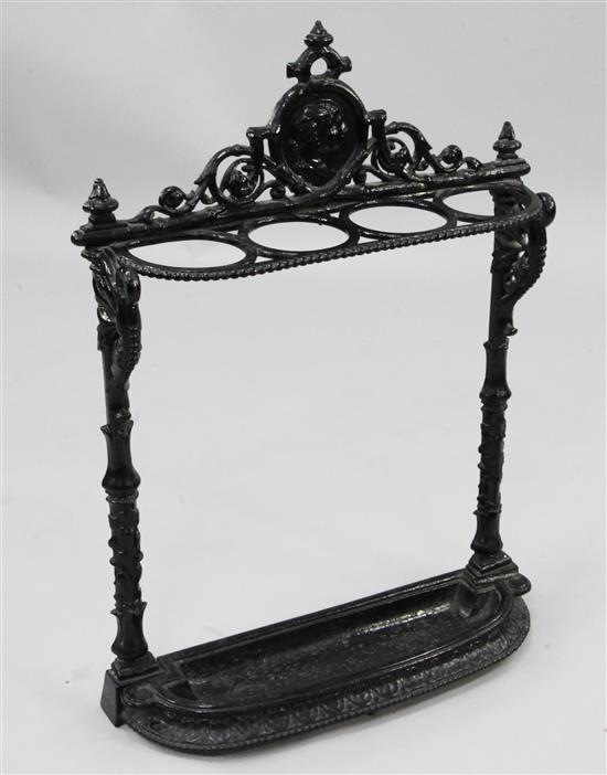 A Victorian Coalbrookdale four division stickstand, width 22in.